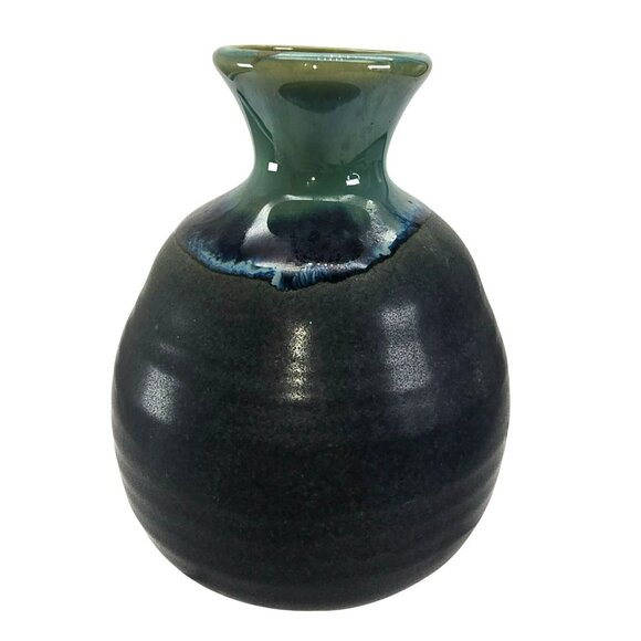 Japanese Ceramic Vase Sake Jar Calligraphy Black & Green Handcrafted Decor JE332 - Picture 3 of 8